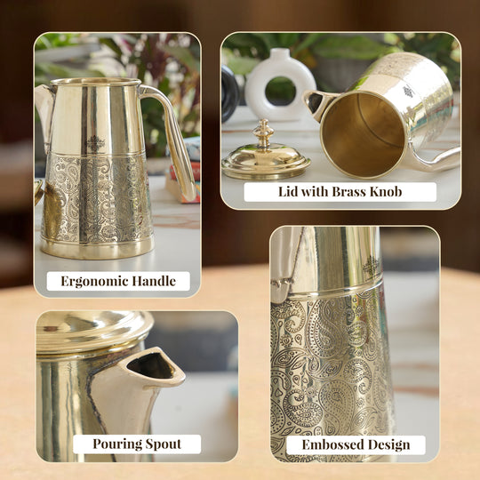 Brass Jug With Half Embossed Design with lid & Brass Knob