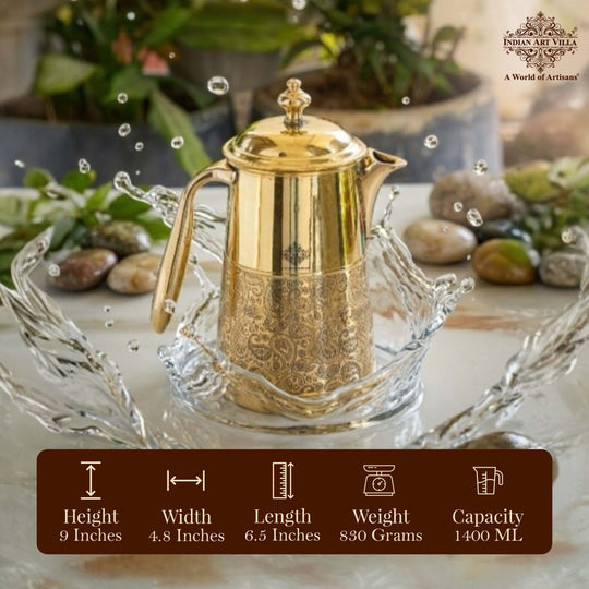 Brass Jug With Half Embossed Design with lid & Brass Knob