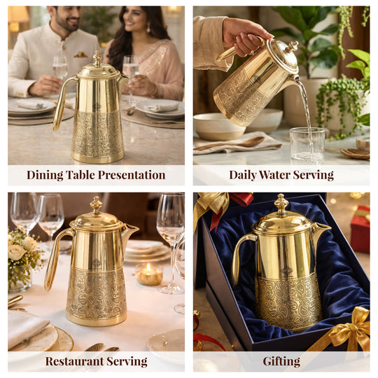 Brass Jug With Half Embossed Design with lid & Brass Knob