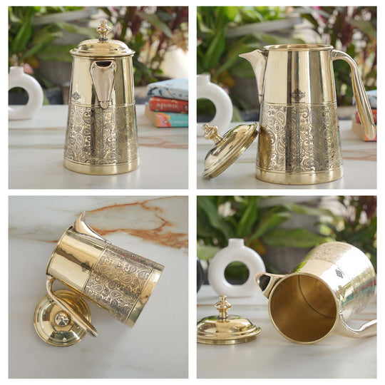 Brass Jug With Half Embossed Design with lid & Brass Knob