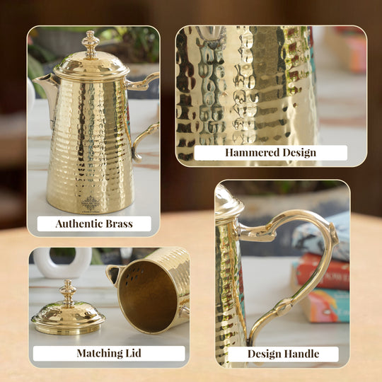 Brass Jug With Hammered Design With Handle with Lid