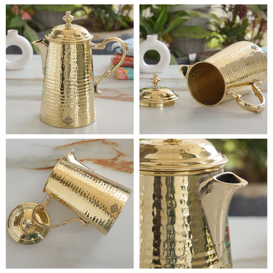 Brass Jug With Hammered Design With Handle with Lid