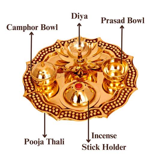 Pure Brass Handmade Designer Pooja, Aarti Thali Set Designer Borders, Spiritual Item, 25.40 CMS