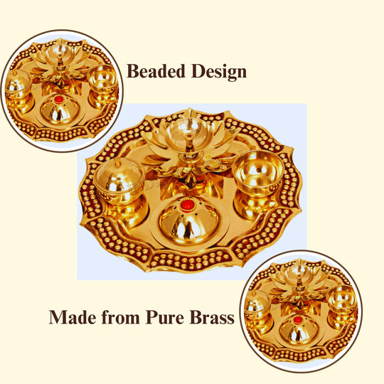 Pure Brass Handmade Designer Pooja, Aarti Thali Set Designer Borders, Spiritual Item, 25.40 CMS