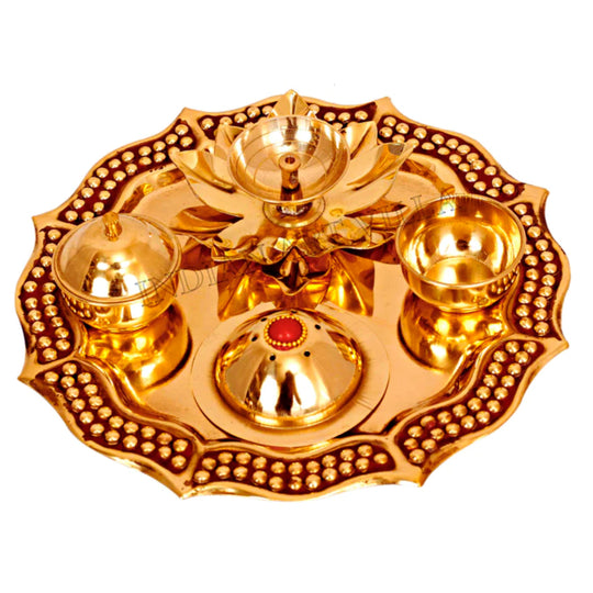 Pure Brass Handmade Designer Pooja, Aarti Thali Set Designer Borders, Spiritual Item, 25.40 CMS