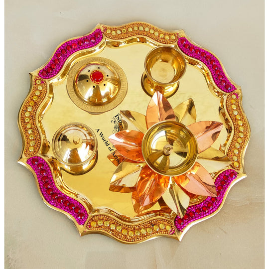 Pure Brass Handmade Designer Pooja, Aarti Thali Set Designer Borders, Spiritual Item, 25.40 CMS