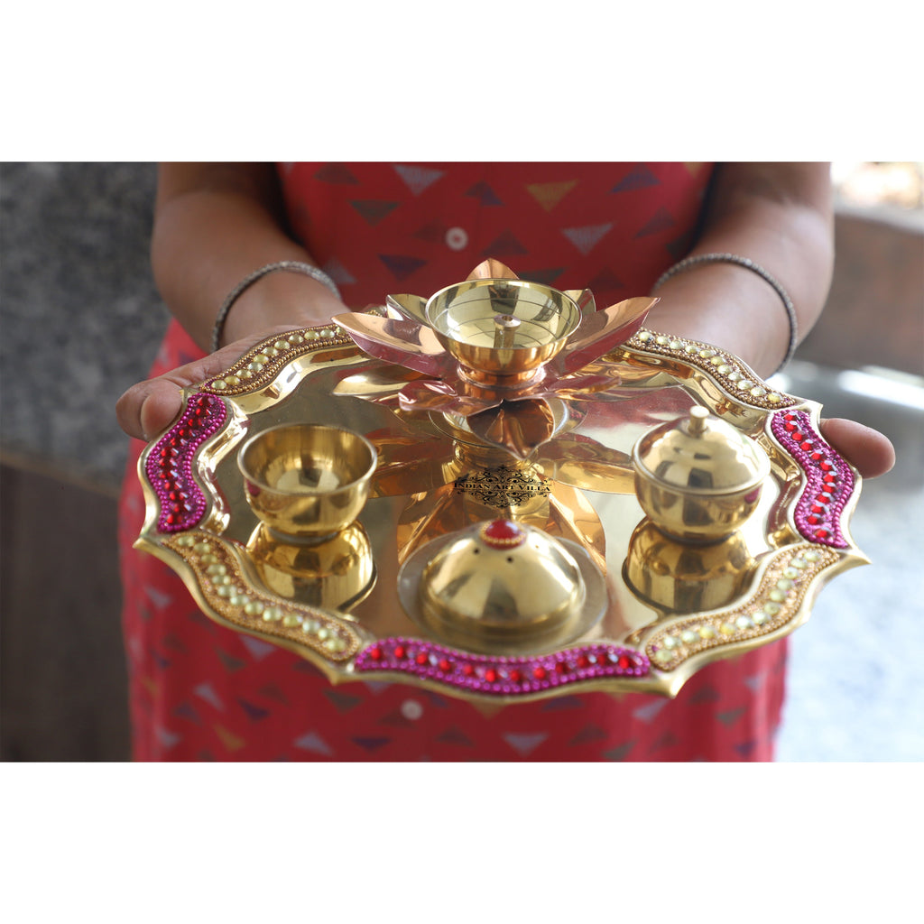 Brass Handmade Designer Pooja, Aarti Thali Set Designer Borders, Spiritual Item, 10"