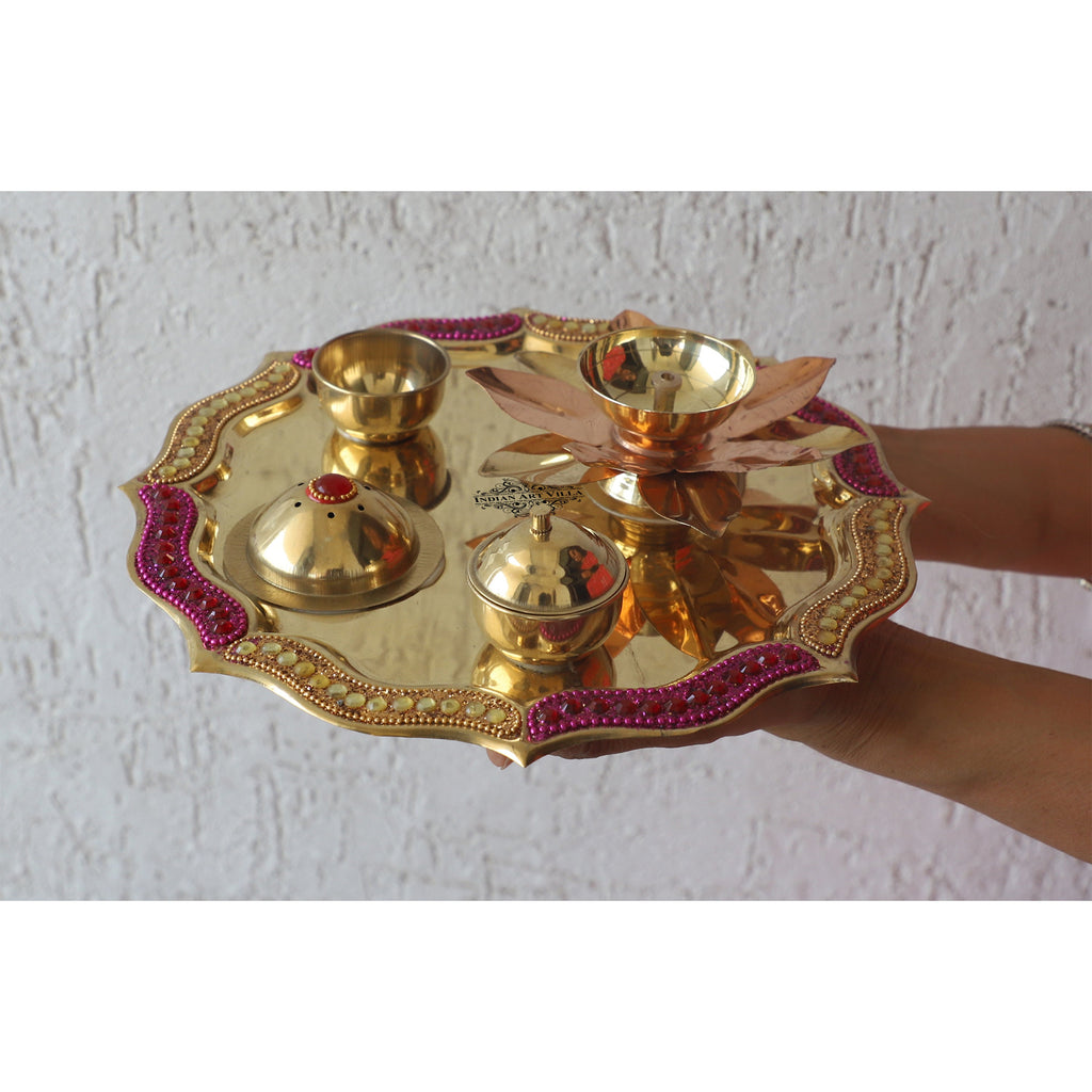 Brass Handmade Designer Pooja, Aarti Thali Set Designer Borders, Spiritual Item, 10"