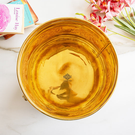 Pure Brass Planter With Embossed & Lining Design & Handle, Size- 31.75 cm x 34.29 cm