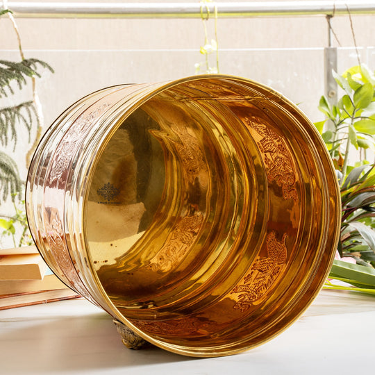Pure Brass Planter With Embossed & Lining Design & Handle, Size- 31.75 cm x 34.29 cm