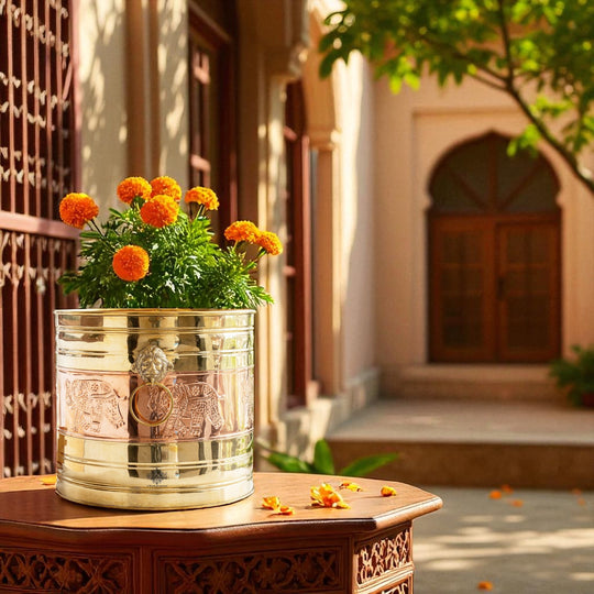 Pure Brass Planter With Embossed & Lining Design & Handle, Size- 31.75 cm x 34.29 cm