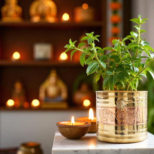 Pure Brass Planter With Embossed & Lining Design & Handle, Size- 31.75 cm x 34.29 cm