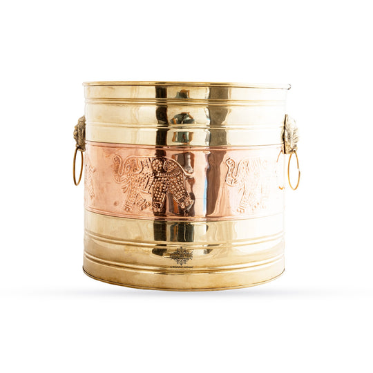 Pure Brass Planter With Embossed & Lining Design & Handle, Size- 31.75 cm x 34.29 cm