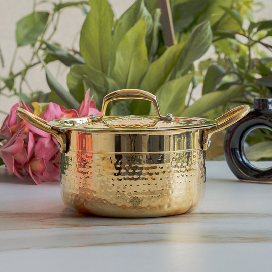 Pure Brass Pot Hammered Design With Tin Lining and Lid