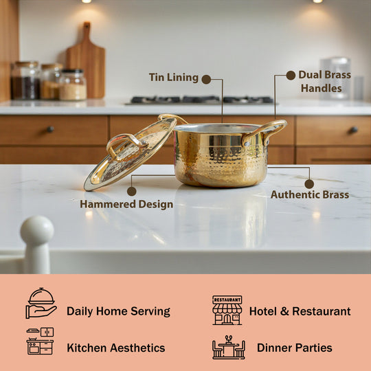 Pure Brass Pot Hammered Design With Tin Lining and Lid