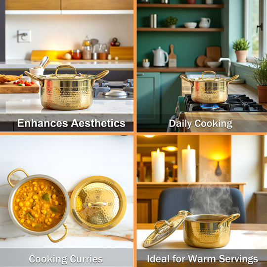 Pure Brass Pot Hammered Design With Tin Lining and Lid