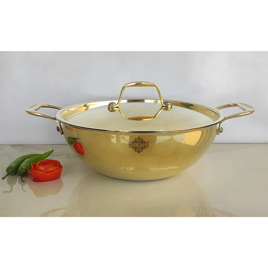 Pure Brass with tin Lining & Gold Finish Kadhai With Lid & Handle