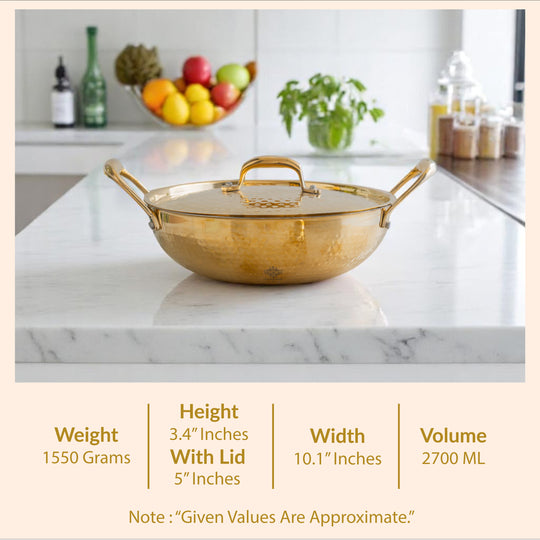 Premium quality brass kadai with lid golden hammered body with tin interior and strong side handles by indian art villa