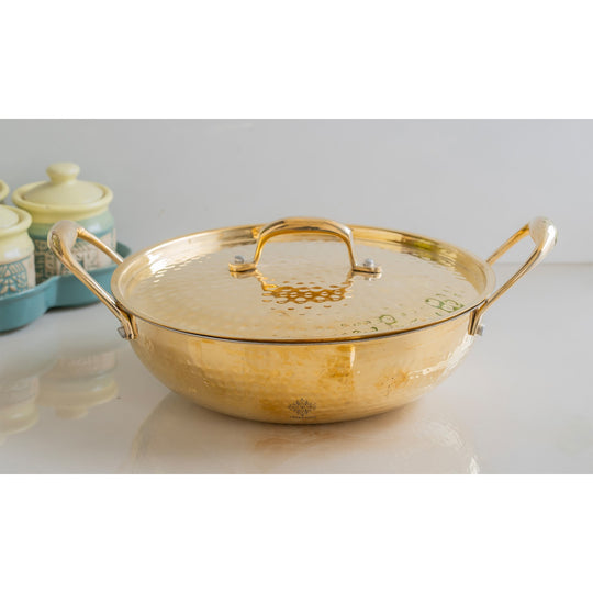 Traditional hammered brass kadhai polished golden surface tin lined interior and durable handles with matching fitted lid