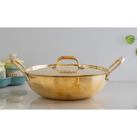 Artistic hammered brass kadai polished golden shine fitted matching lid with silver tin lining and durable crafted handles
