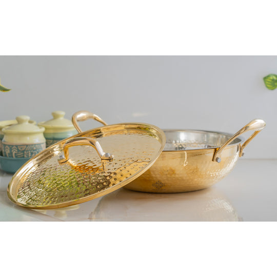 Premium pital kadhai hammered golden finish fitted lid with tin lining strong handles and elegant timeless appeal for home