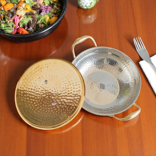 Hammered brass kadhai polished golden surface fitted lid and tin lined body strong handles for elegant dining and cooking