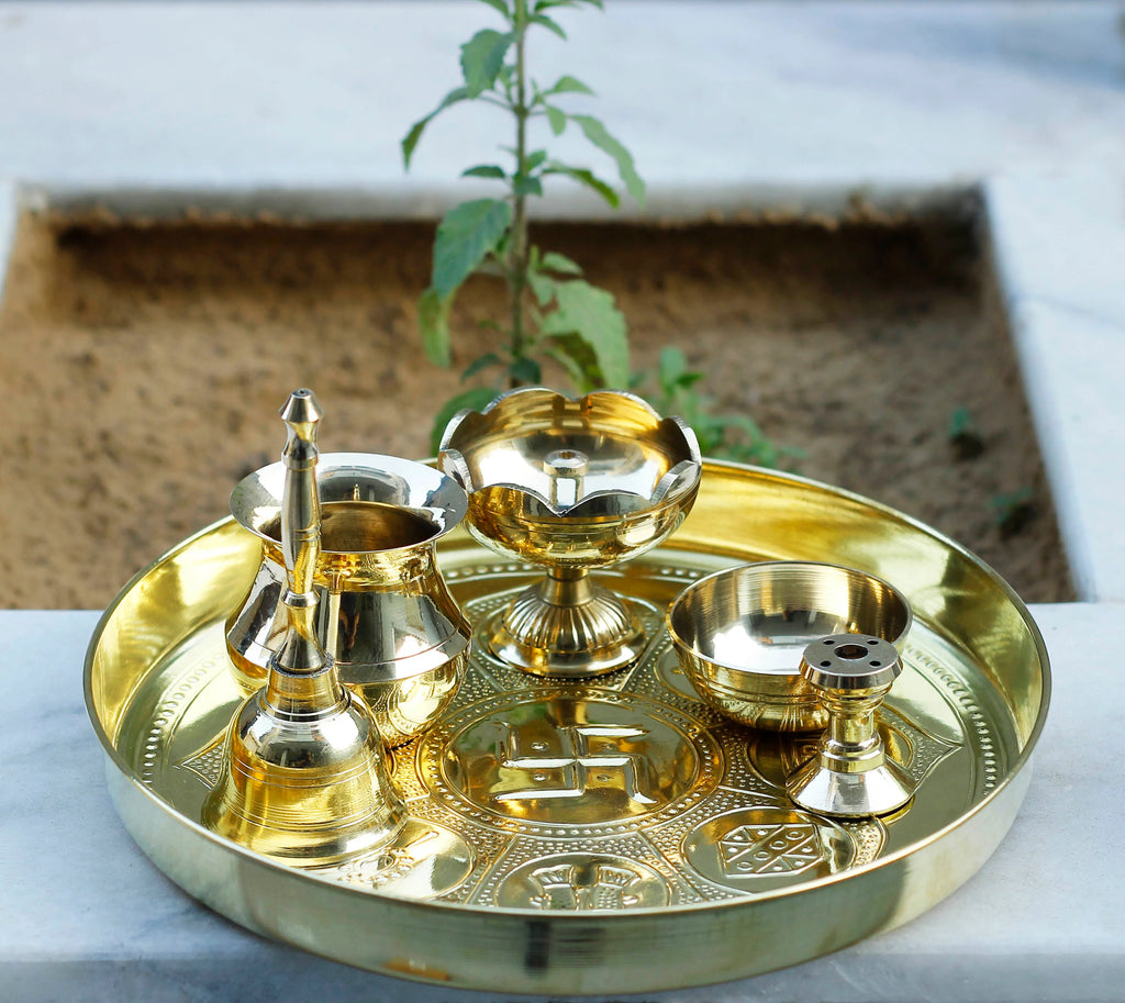Indian Art Villa Pure Brass Astmanghal Puja Thali Set, Spiritual Item, 8.1"