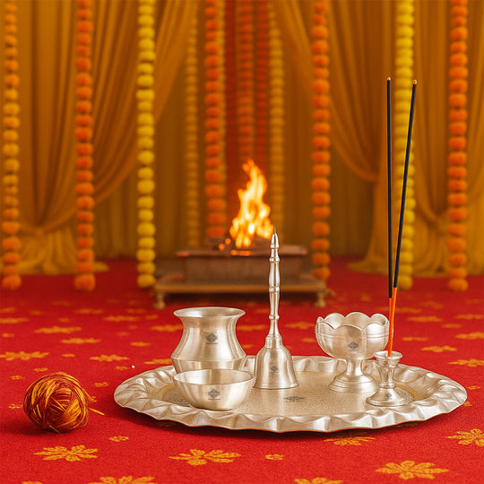 Silver Plated Pooja Thali With Embossed Design Set Of Five