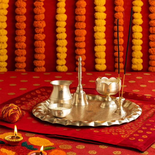 Silver Plated Pooja Thali With Embossed Design Set Of Five