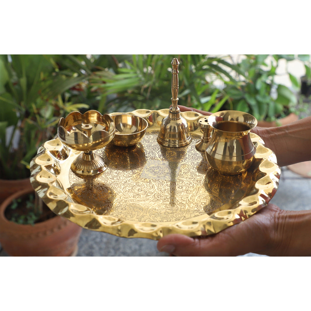 INDIAN ART VILLA Brass Handmade Embossed Pooja Thali Set with perfect Space & Raised Borders , Spiritual Item, 10.1"