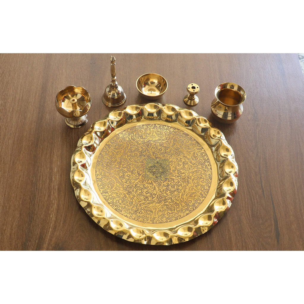 Brass Handmade Embossed Pooja Thali Set with perfect Space & Raised Borders , Spiritual Item, 10.1"