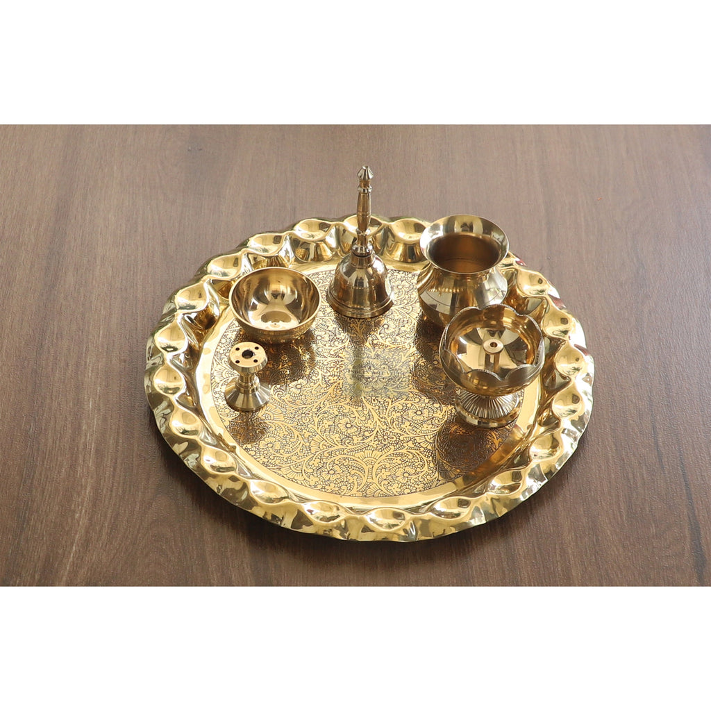 Brass Handmade Embossed Pooja Thali Set with perfect Space & Raised Borders , Spiritual Item, 10.1"