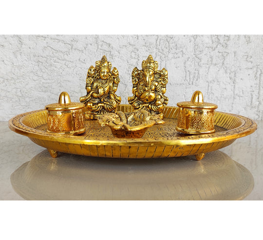 Brass Ganesh Laxmi Embossed 6 Pc Pooja Thali Set