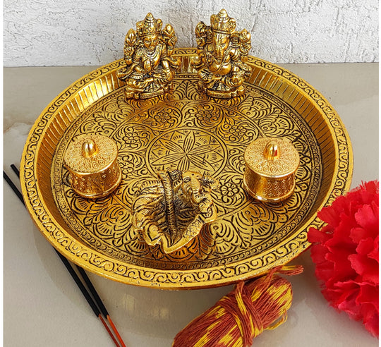 Brass Ganesh Laxmi Embossed 6 Pc Pooja Thali Set