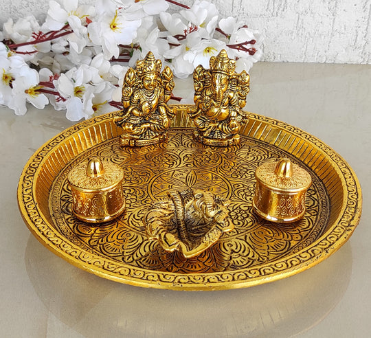 Brass Ganesh Laxmi Embossed 6 Pc Pooja Thali Set
