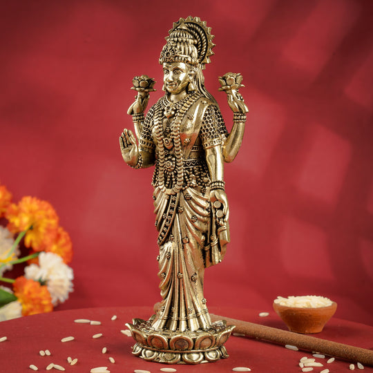 Pure Brass Laxmi JI Standing Murti With Lotus Flower