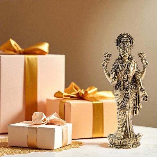 Pure Brass Laxmi JI Standing Murti With Lotus Flower