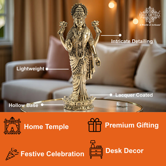 Pure Brass Laxmi JI Standing Murti With Lotus Flower