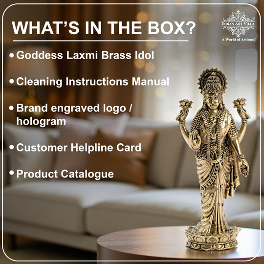 Pure Brass Laxmi JI Standing Murti With Lotus Flower