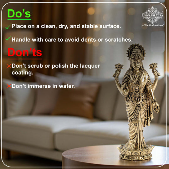 Pure Brass Laxmi JI Standing Murti With Lotus Flower