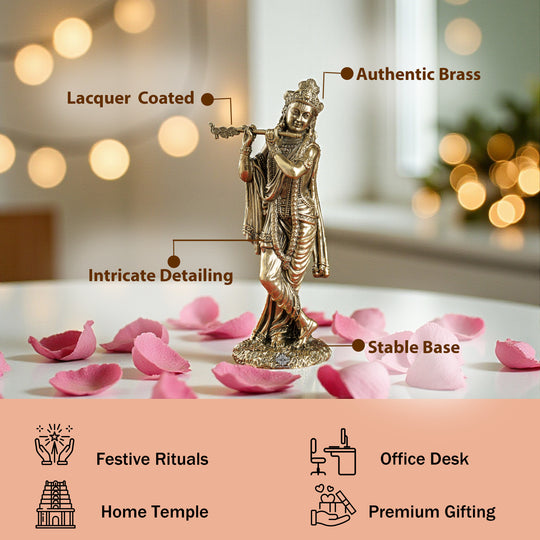 Pure Brass Krishna ji Murti With Bansi & Tribhanga Pose