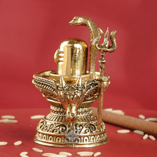 Brass Shivling with Nandi Face & Trishul – Decorative Spiritual Idol