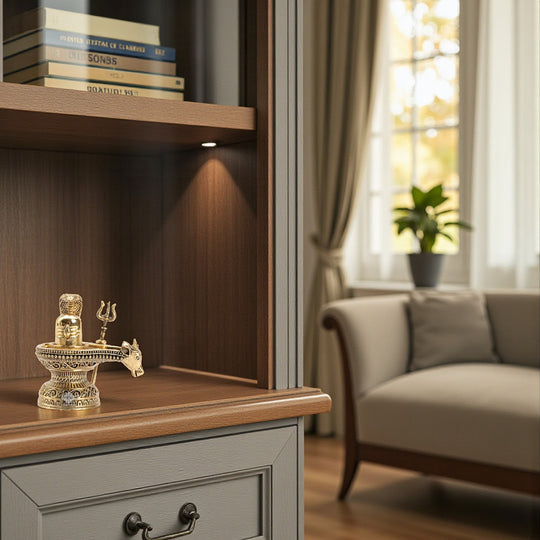 Brass Shivling with Nandi Face & Trishul – Decorative Spiritual Idol