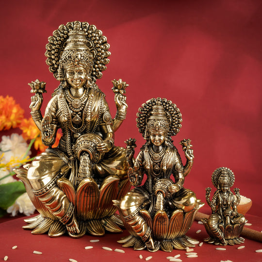 Pure Brass Goddess Laxmi Ji Murti Seated on Lotus