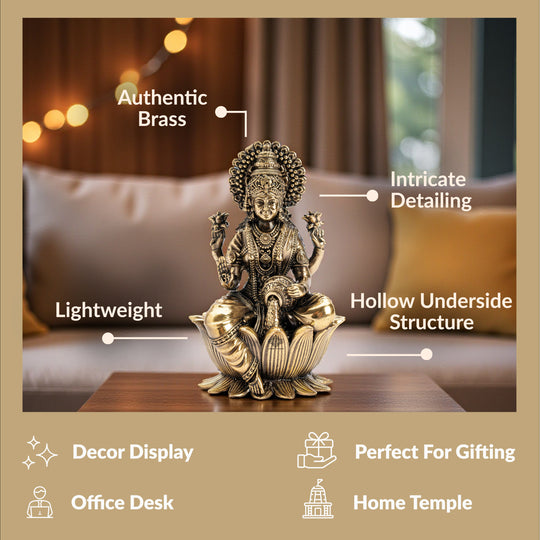 Pure Brass Goddess Laxmi Ji Murti Seated on Lotus