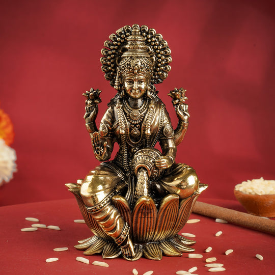 Pure Brass Goddess Laxmi Ji Murti Seated on Lotus — Indian Art Villa