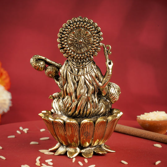 Pure Brass Goddess Saraswati ji Idol- Sitting on Lotus Flower