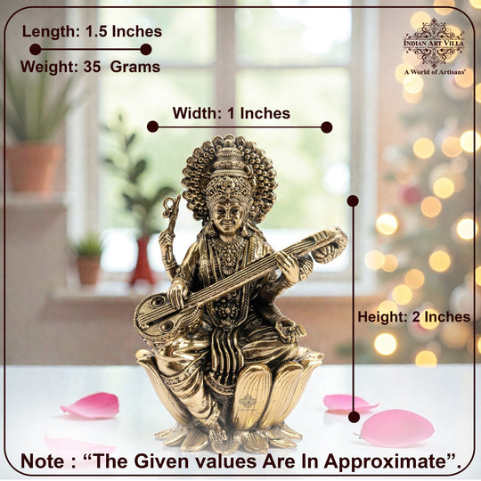 Pure Brass Goddess Saraswati ji Idol- Sitting on Lotus Flower