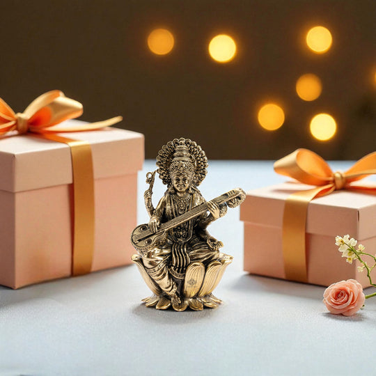 Pure Brass Goddess Saraswati ji Idol- Sitting on Lotus Flower