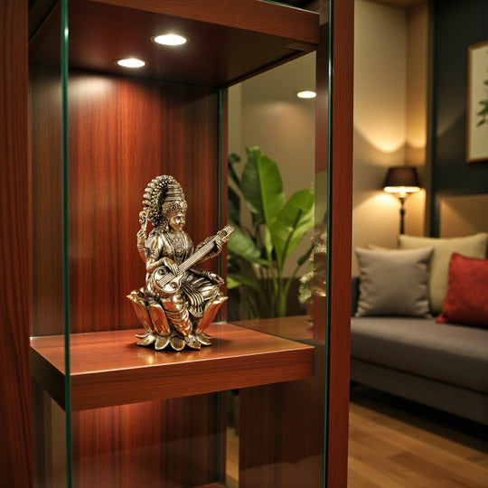 Pure Brass Goddess Saraswati ji Idol- Sitting on Lotus Flower